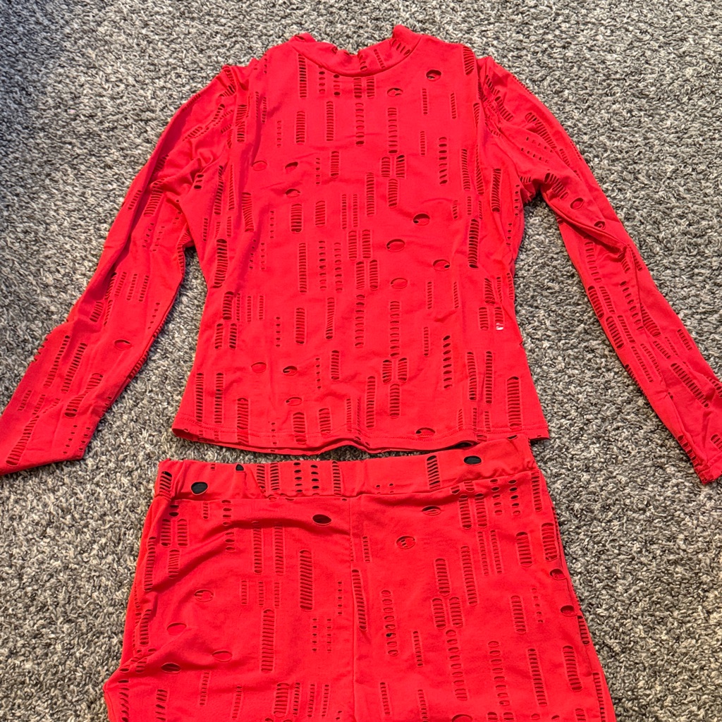Red Distressed Two-Piece Top And Skirt Set